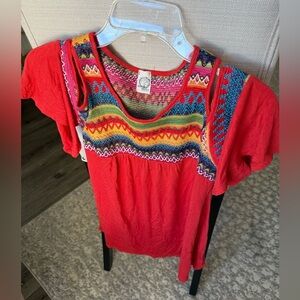 Sun n Moon Red Multicolor Embroidered Santa Fe Beaded Scuba Sleeve Blouse, S